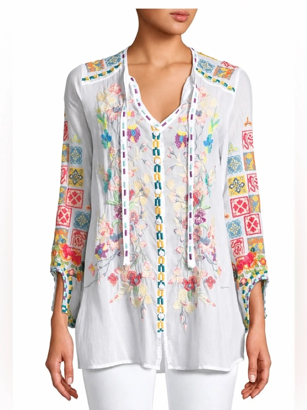 Johnny Was Embroidered Boho Peasant Blouse Tunic White